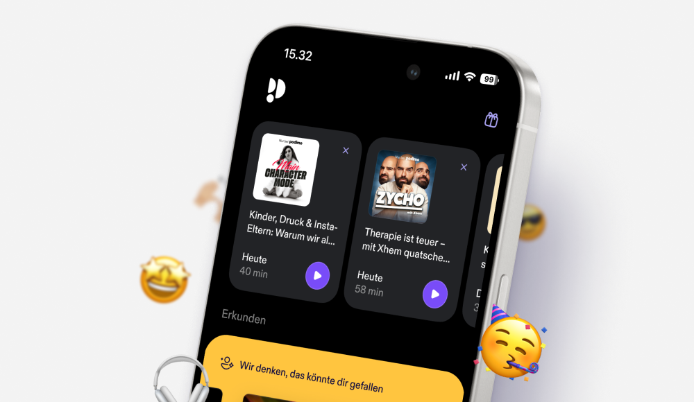 Phone screen with podimo app open surrounded by emojis